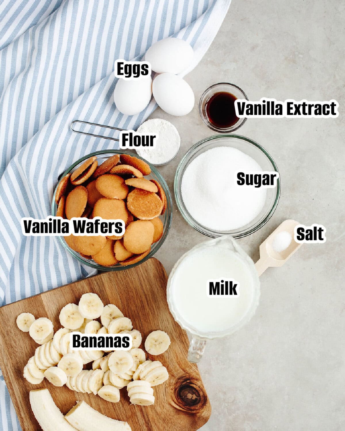 All the ingredients needed to make homemade banana pudding.