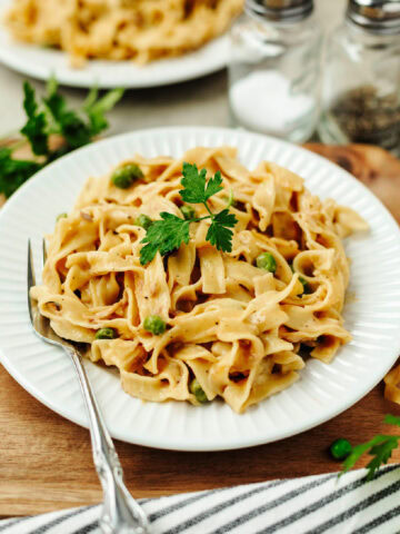 Creamy tuna casserole served on a white plate.