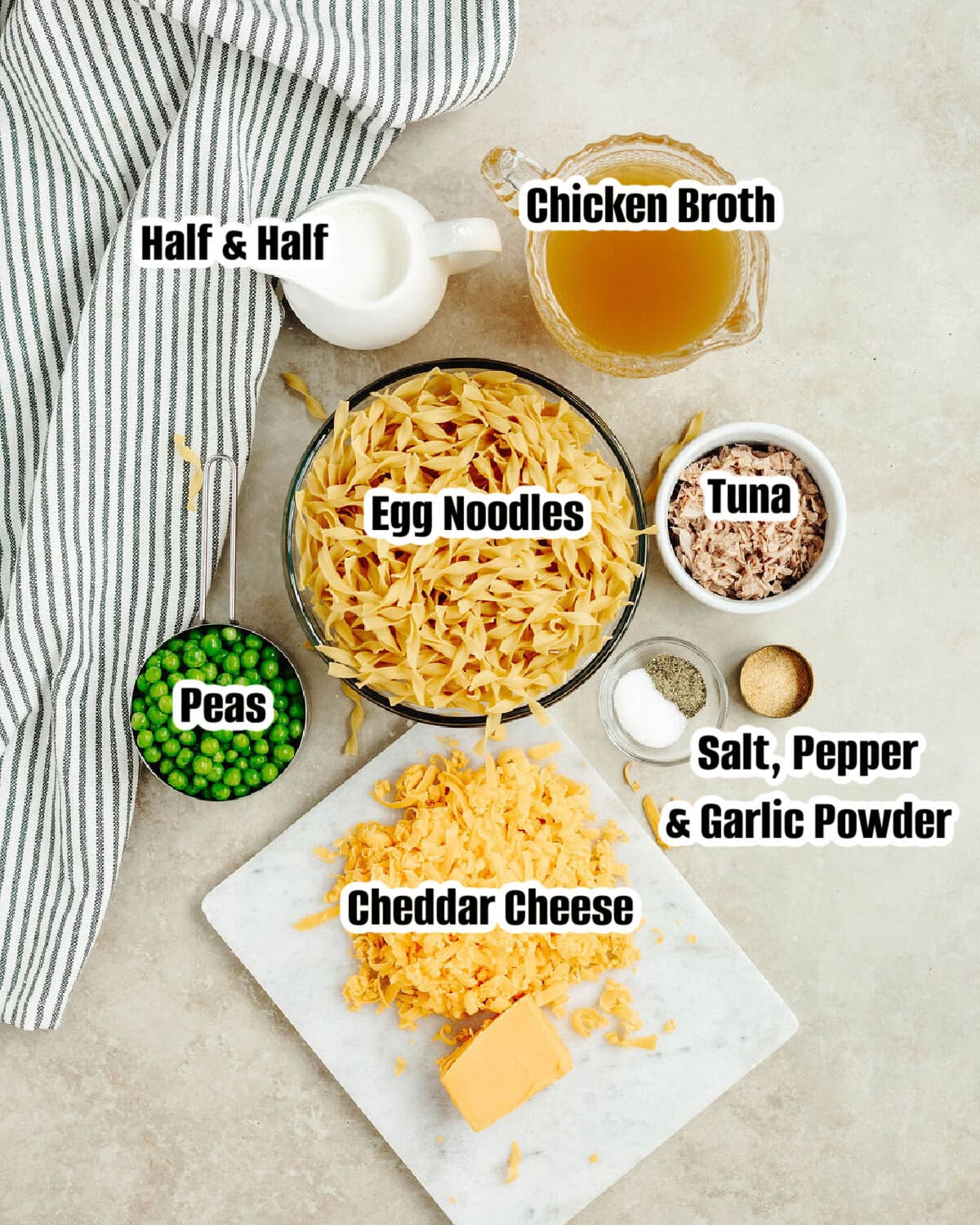 All the ingredients needed to make Instant Pot tuna noodle casserole.