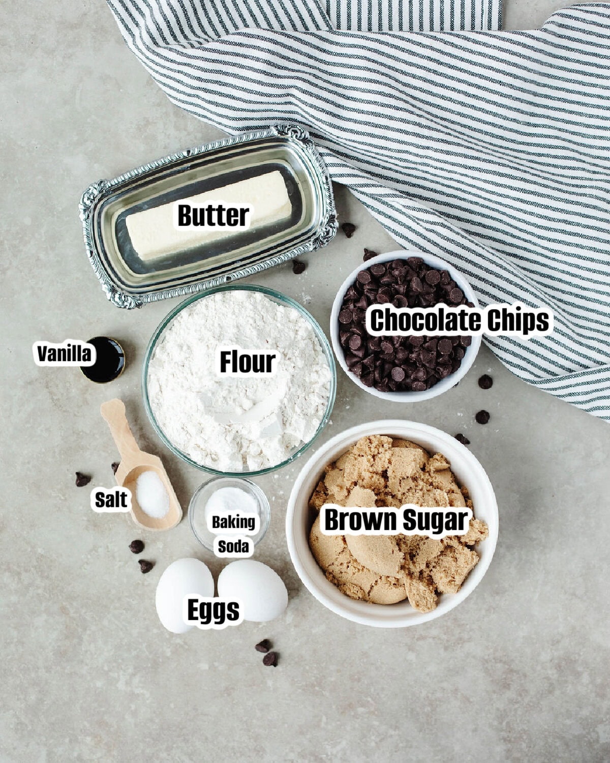 All the ingredients needed to make Joanna Gaines Chocolate Chip Cookies.