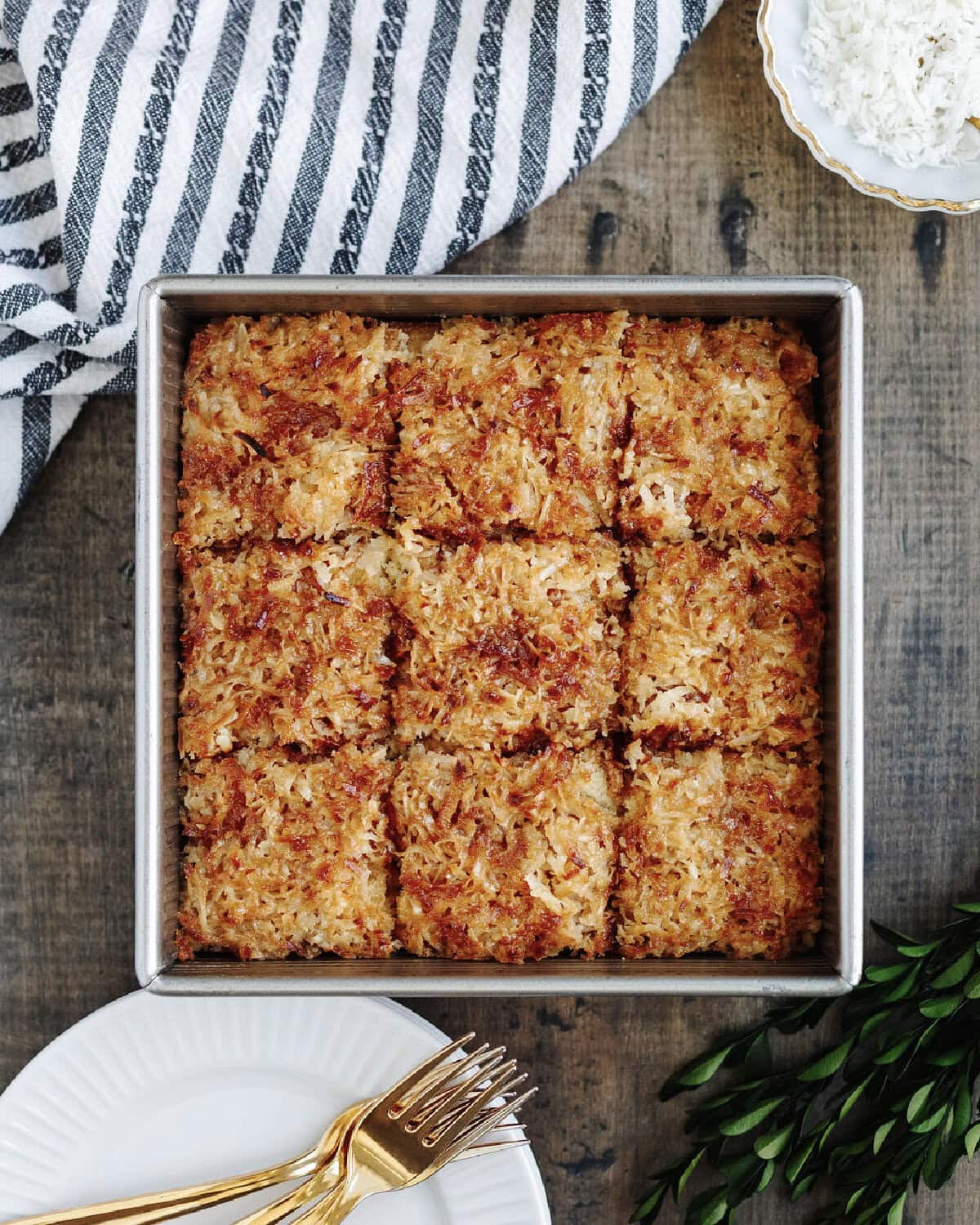 Baked Lazy Daisy Cake in an 8x8 baking pan.