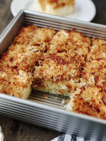 Lazy Day Cake baked in an 8x8 baking pan and ready to serve.