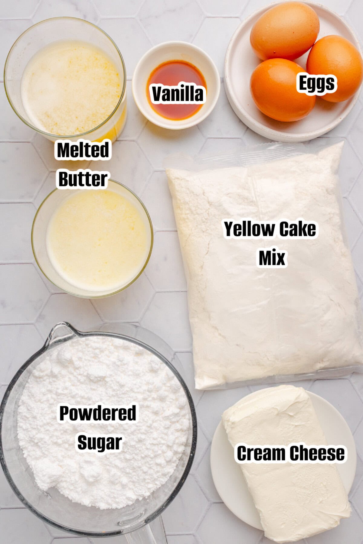 All the ingredients needed to make Ooey Gooey Butter Cake.