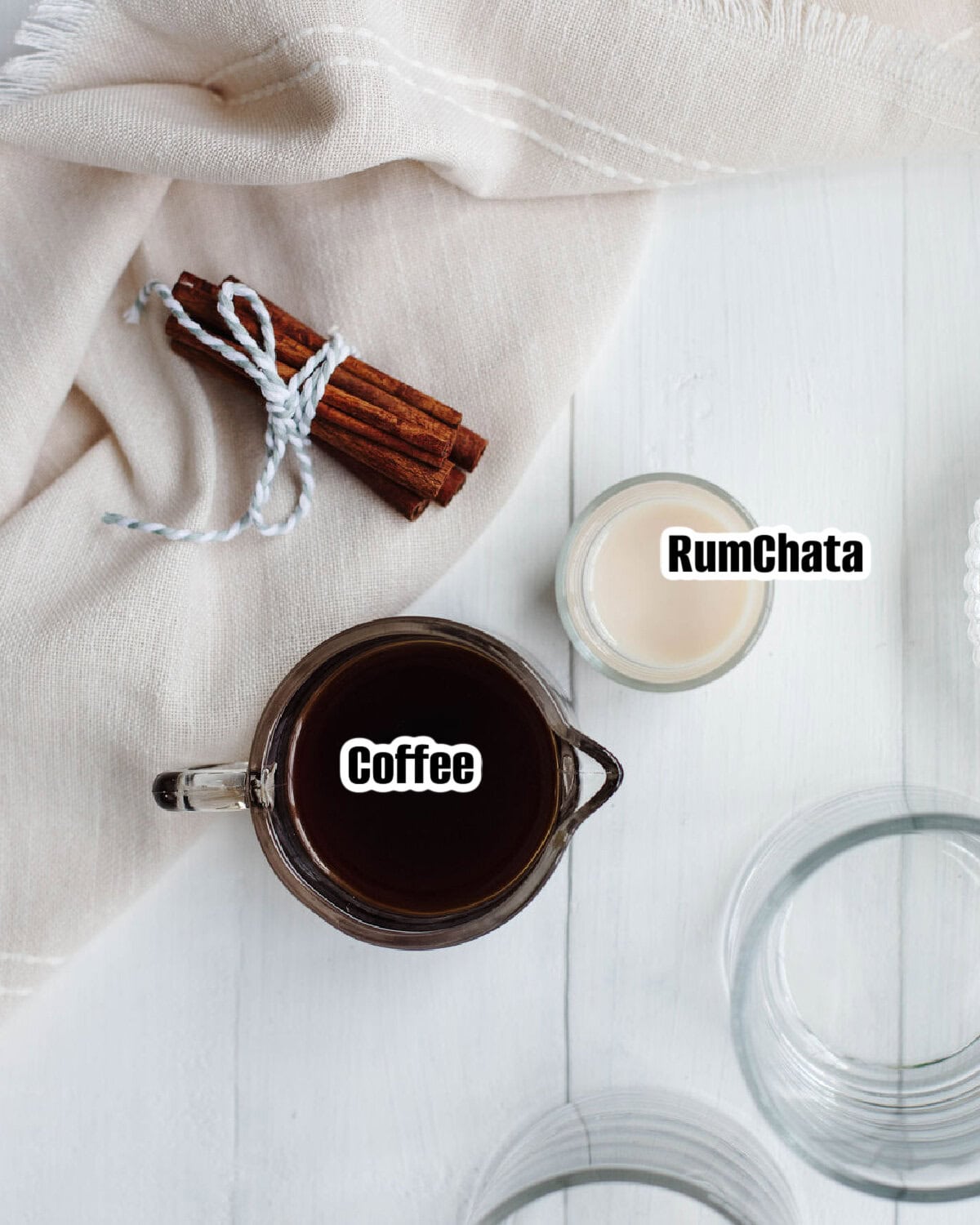 All the ingredients needed for iced RumChata coffee.