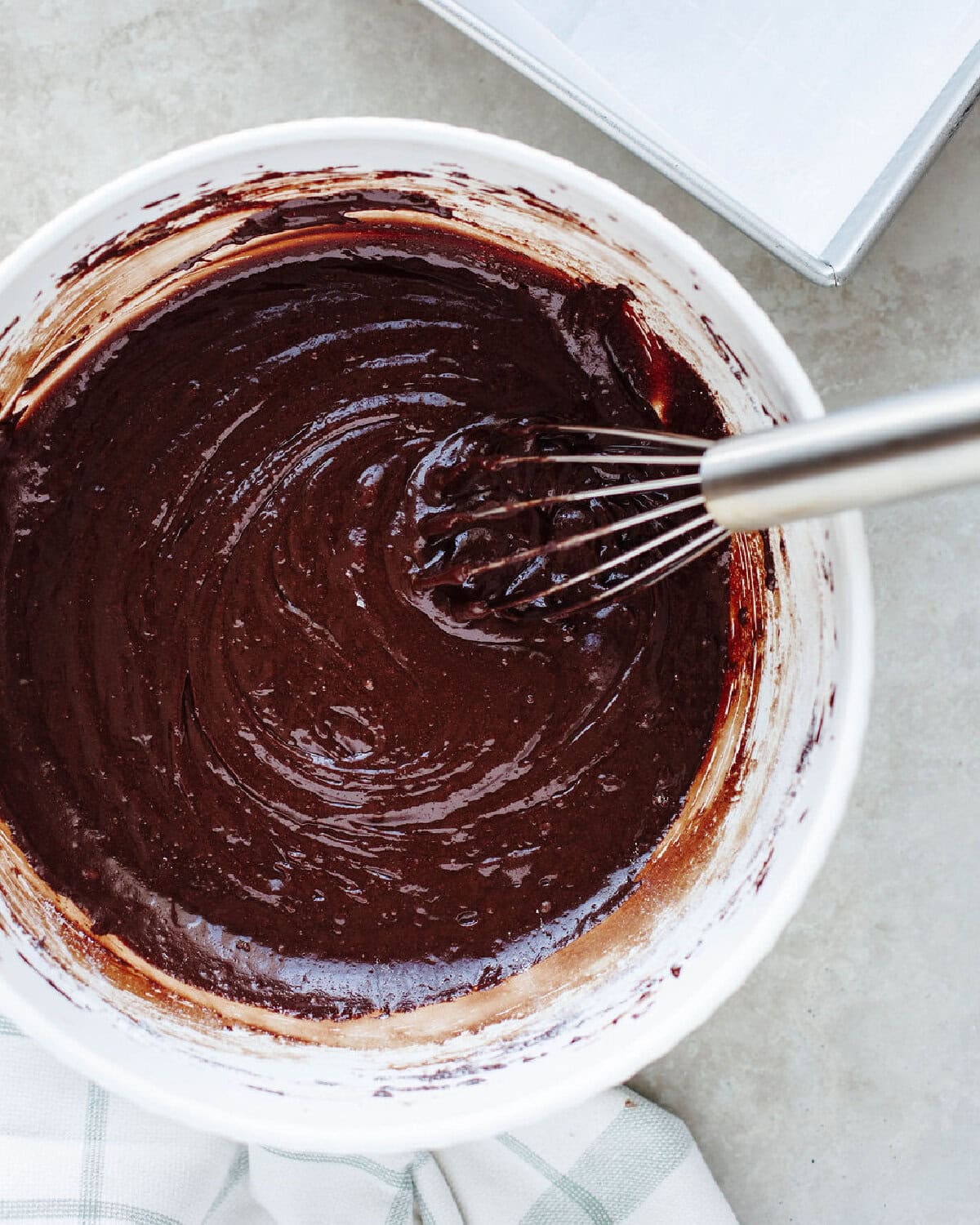 Melted chocolate mixture combined with sourdough discard and flour in a bowl.