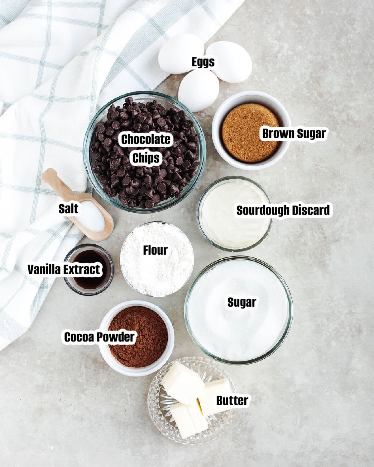 All the ingredients needed to make Chocolate Sourdough Discard Brownies.