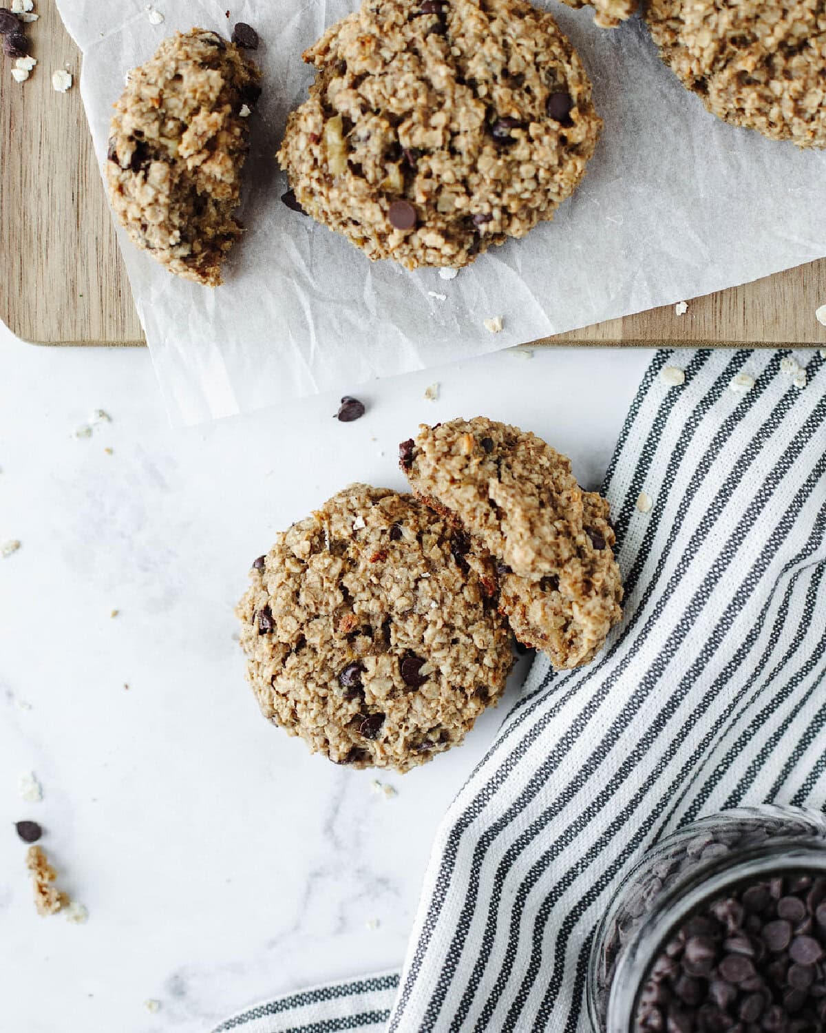 Banana oatmeal peanut butter cookies backed and place on a wood serving tray.