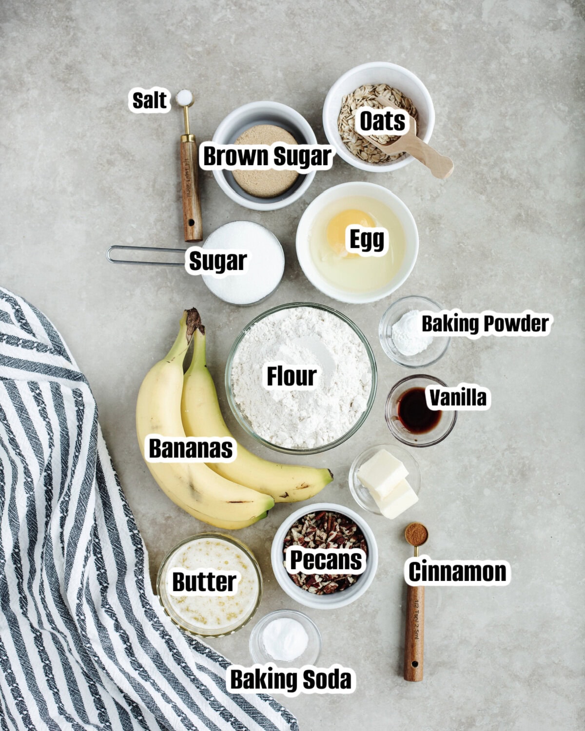 All the ingredients needed to make Banana Pecan Muffins.