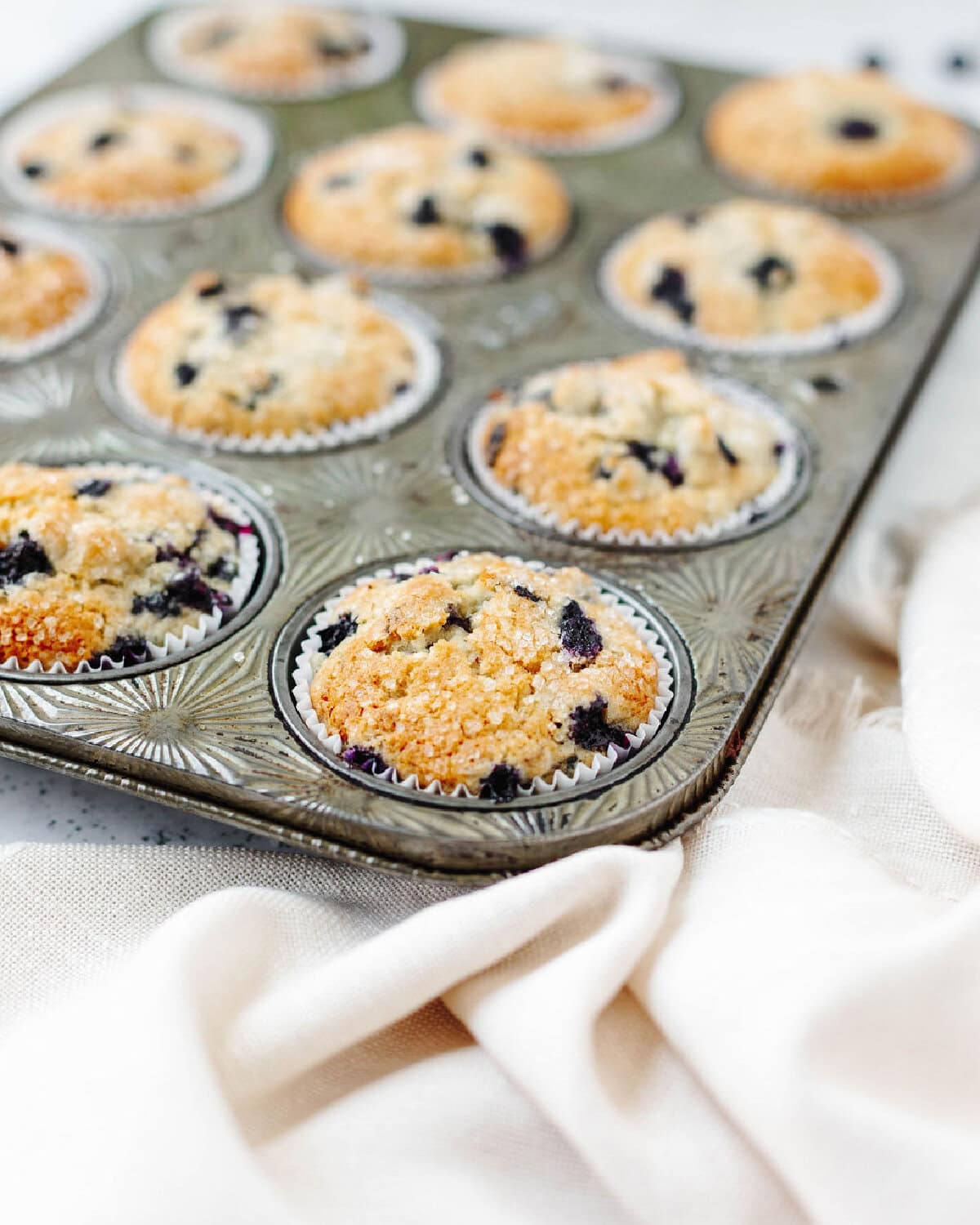 Baked blueberry muffins in a muffin tray ready to serve.