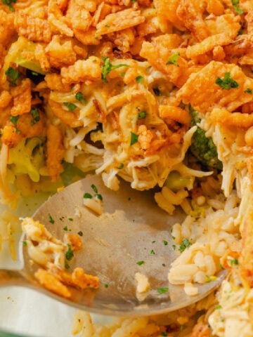 An up close look at broccoli chicken casserole to show the tender texture.