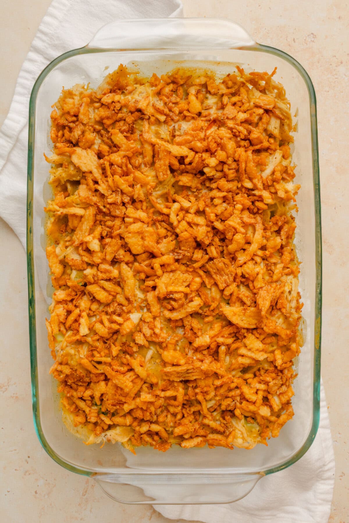 French fried onions sprinkled on top of a casserole.