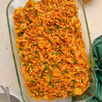 Cooked chicken broccoli rice casserole ready to serve.