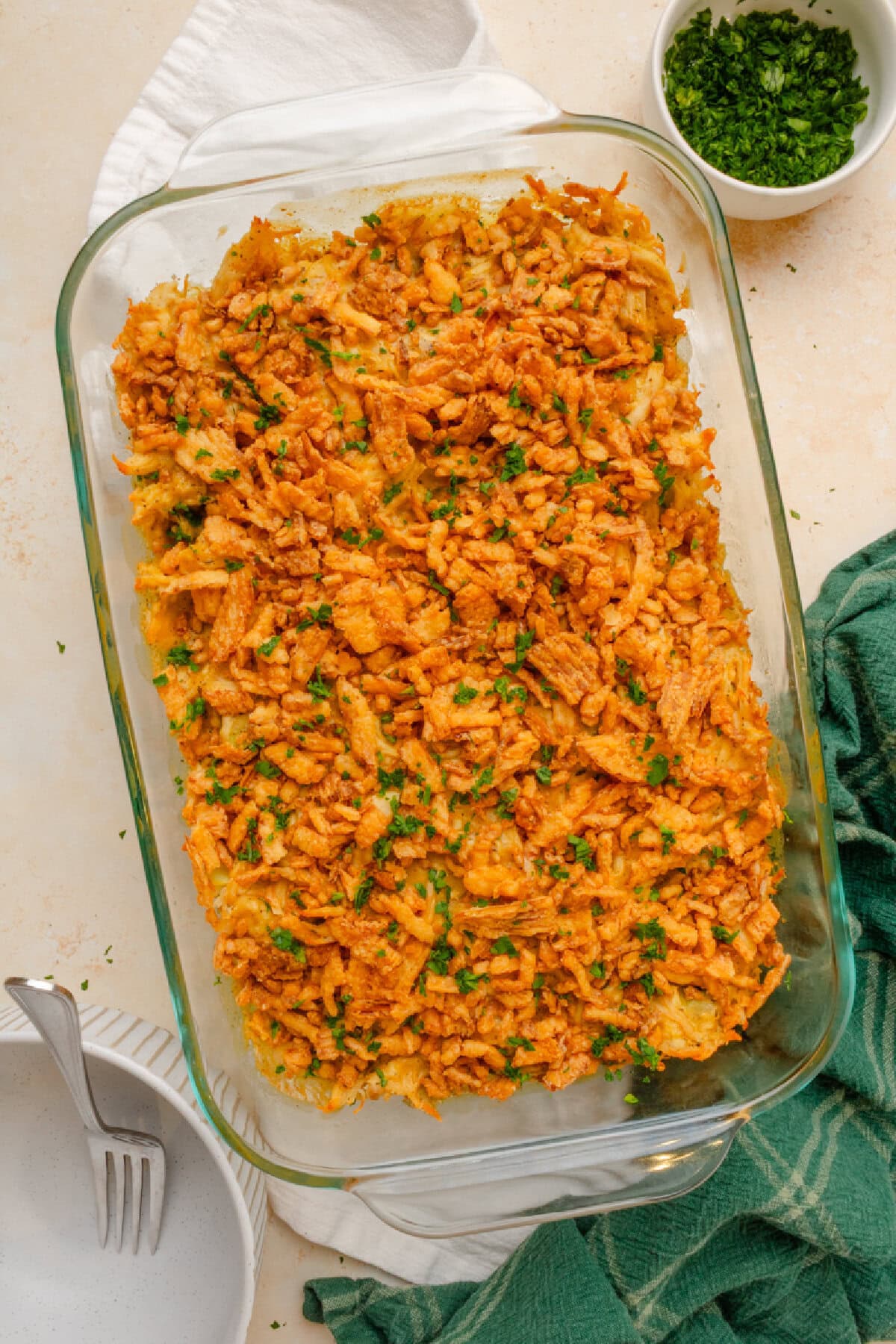 Cooked chicken broccoli rice casserole ready to serve.