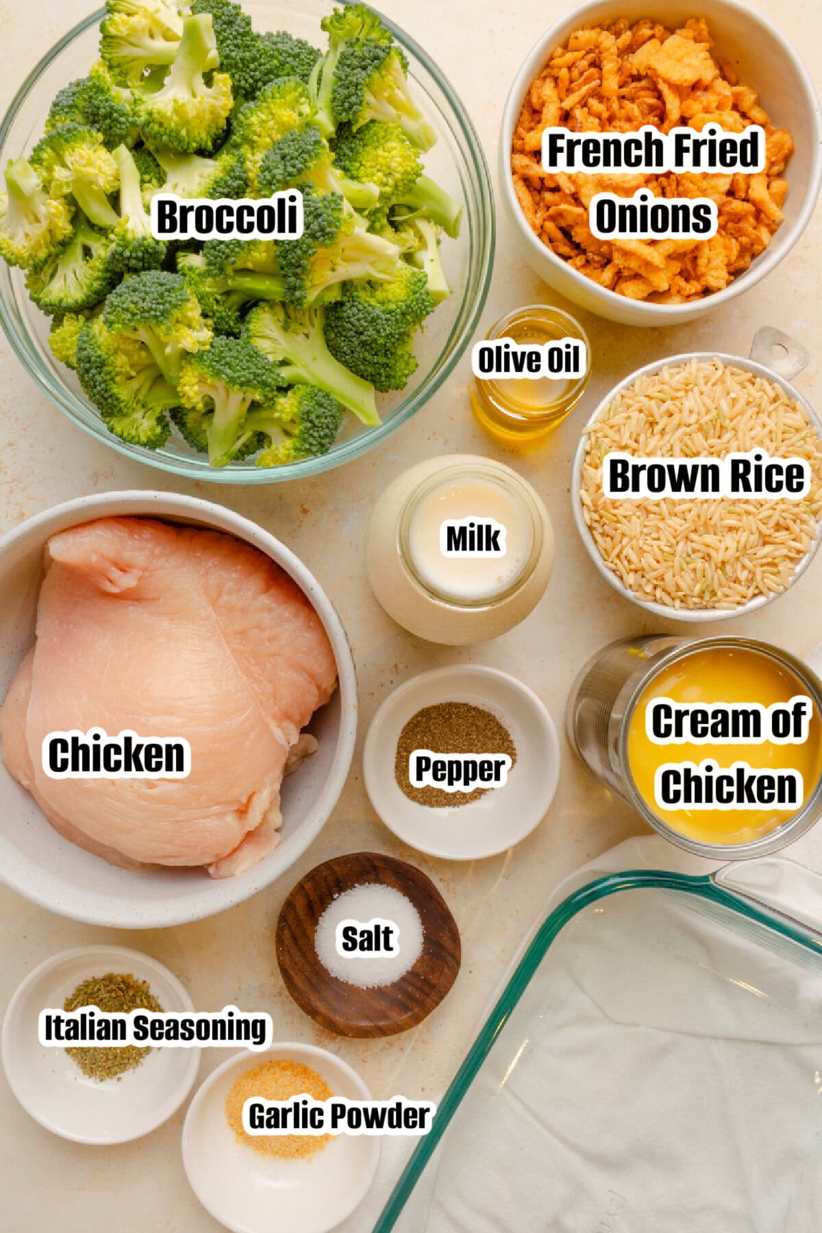 All the ingredients needed to make chicken broccoli casserole.