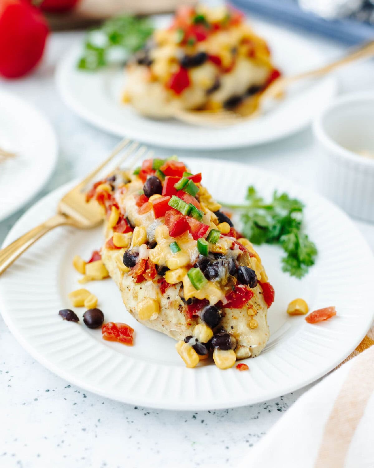 Chicken with corn, black beans, Rotel, and seasoning on a white plate with a fork.