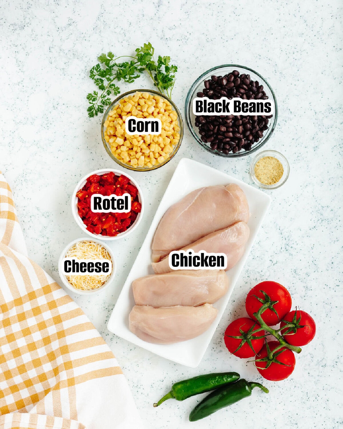 All the ingredients needed to make fiesta chicken foil packets.