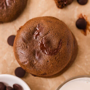 Chocolate brownie cookies stacked and ready to serve.