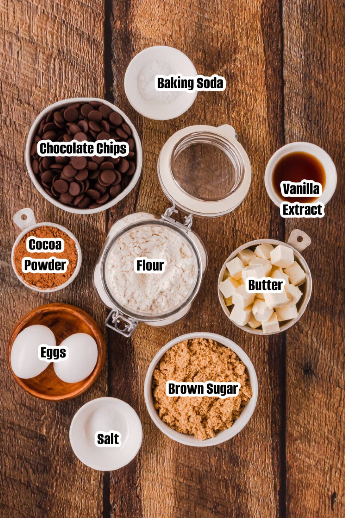 All the ingredients needed to make chocolate brownie cookies.