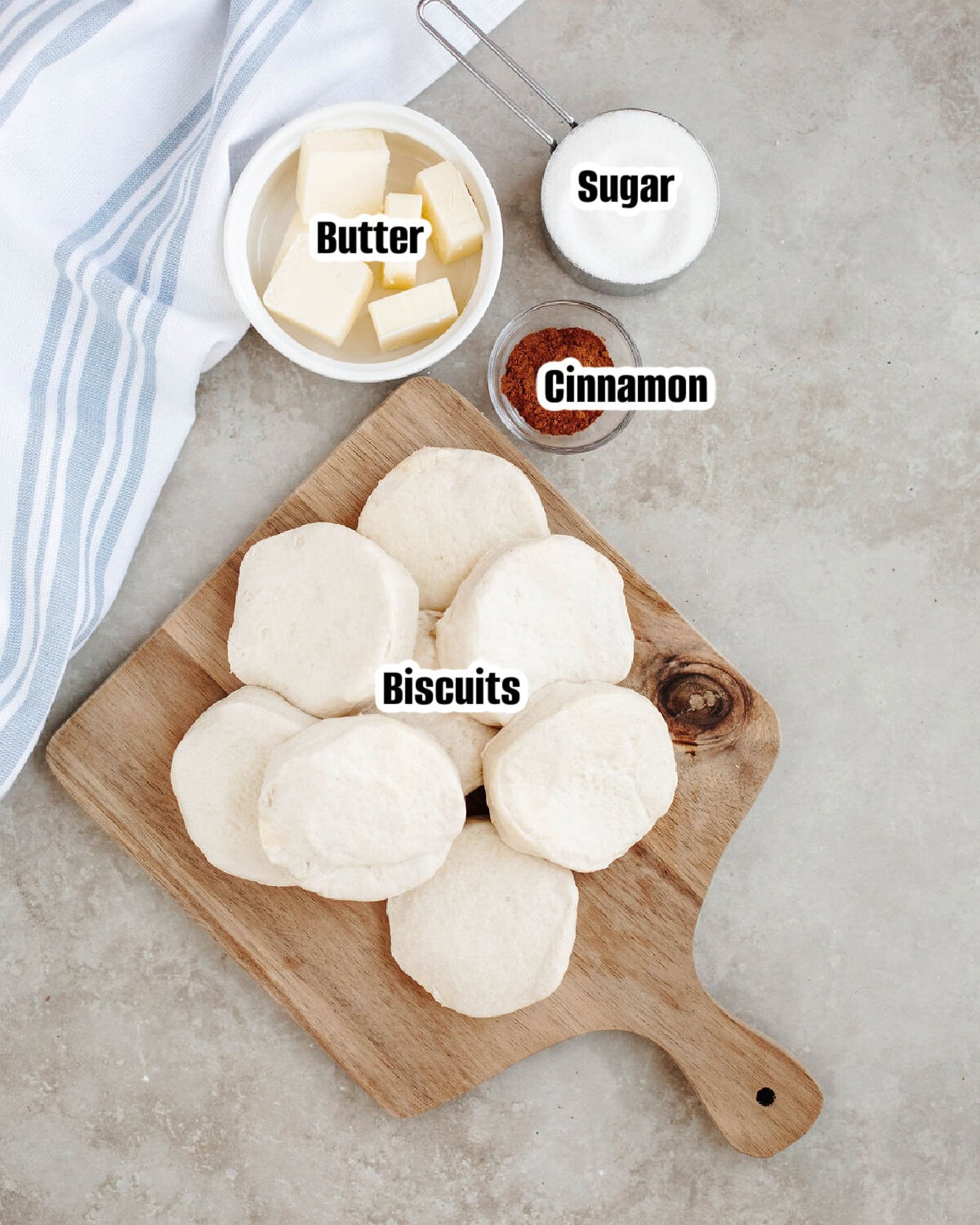 All the ingredients needed to make cinnamon sugar pull apart loaf.