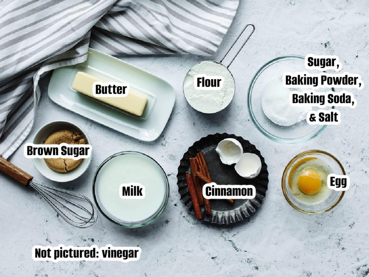All the ingredients needed to make cinnamon swirl pancakes from scratch.