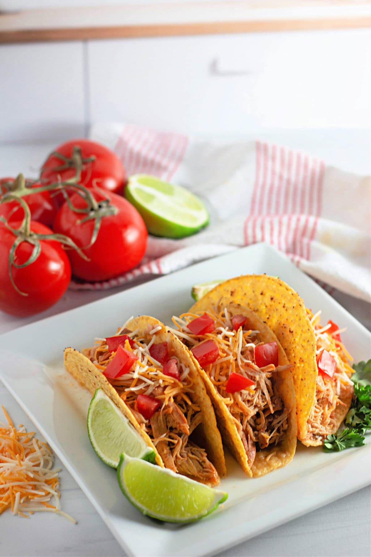 A dinner plate of crockpot chicken ranch tacos ready to serve.