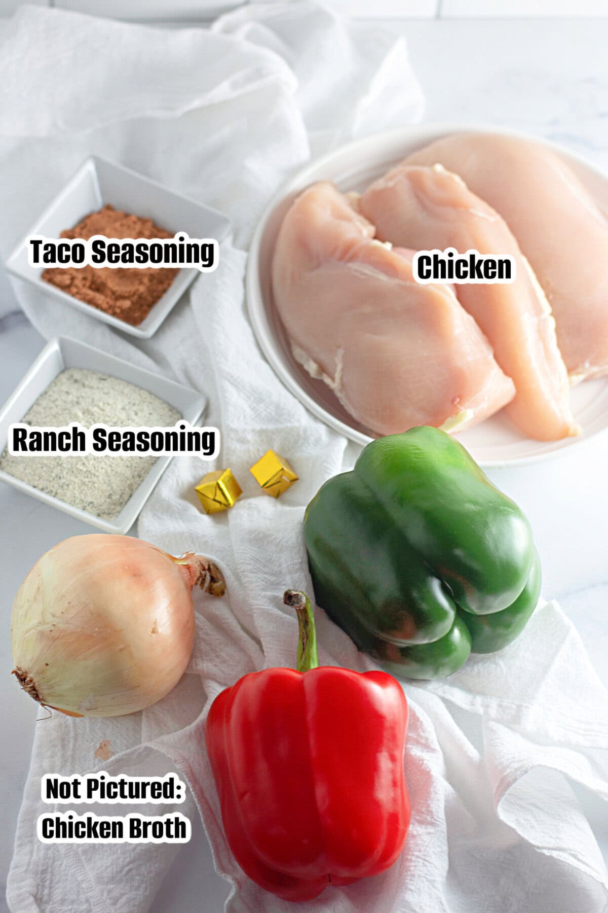 All the ingredients needed to make crockpot chicken Ranch tacos.