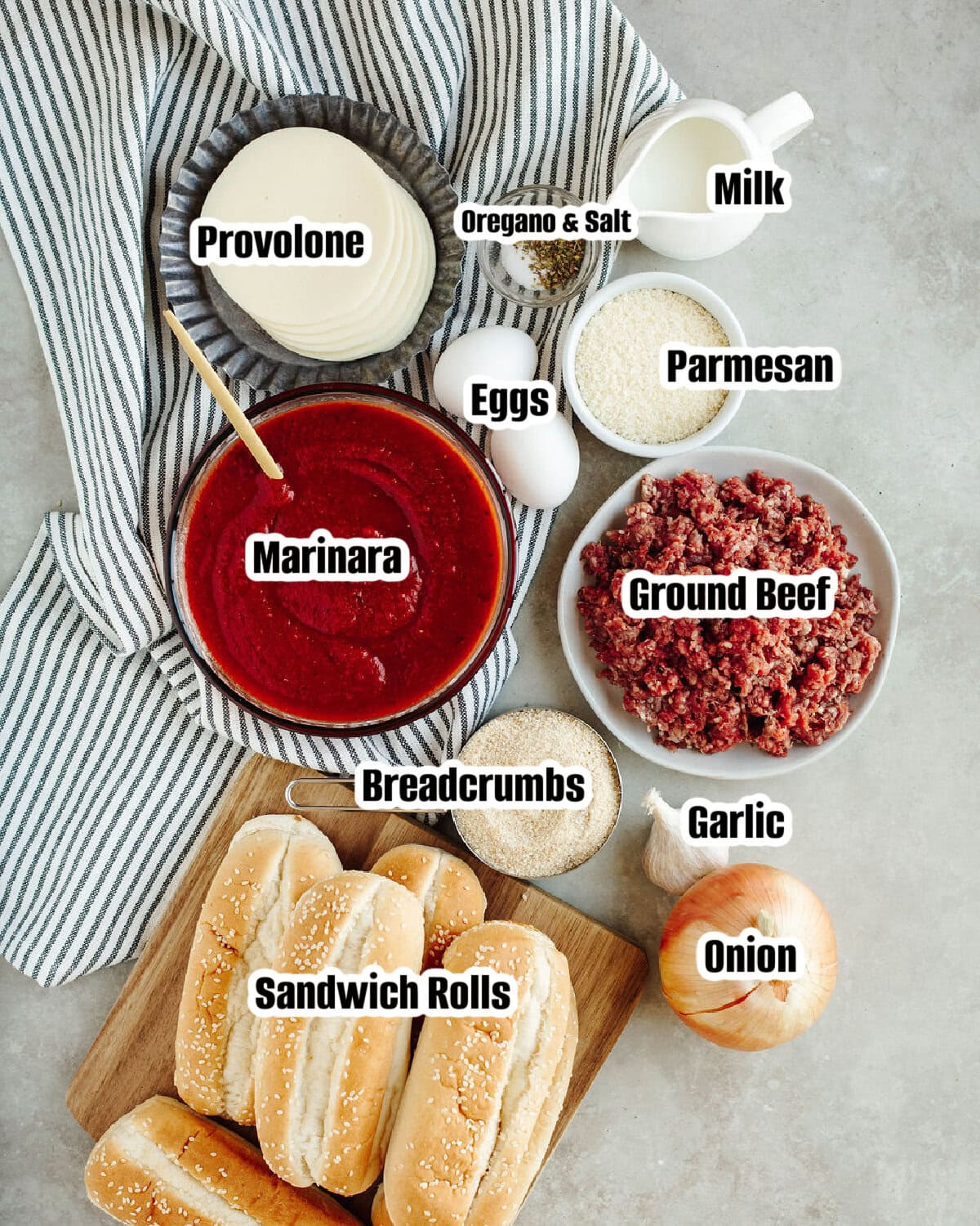 All the ingredients needed to make meatball subs.