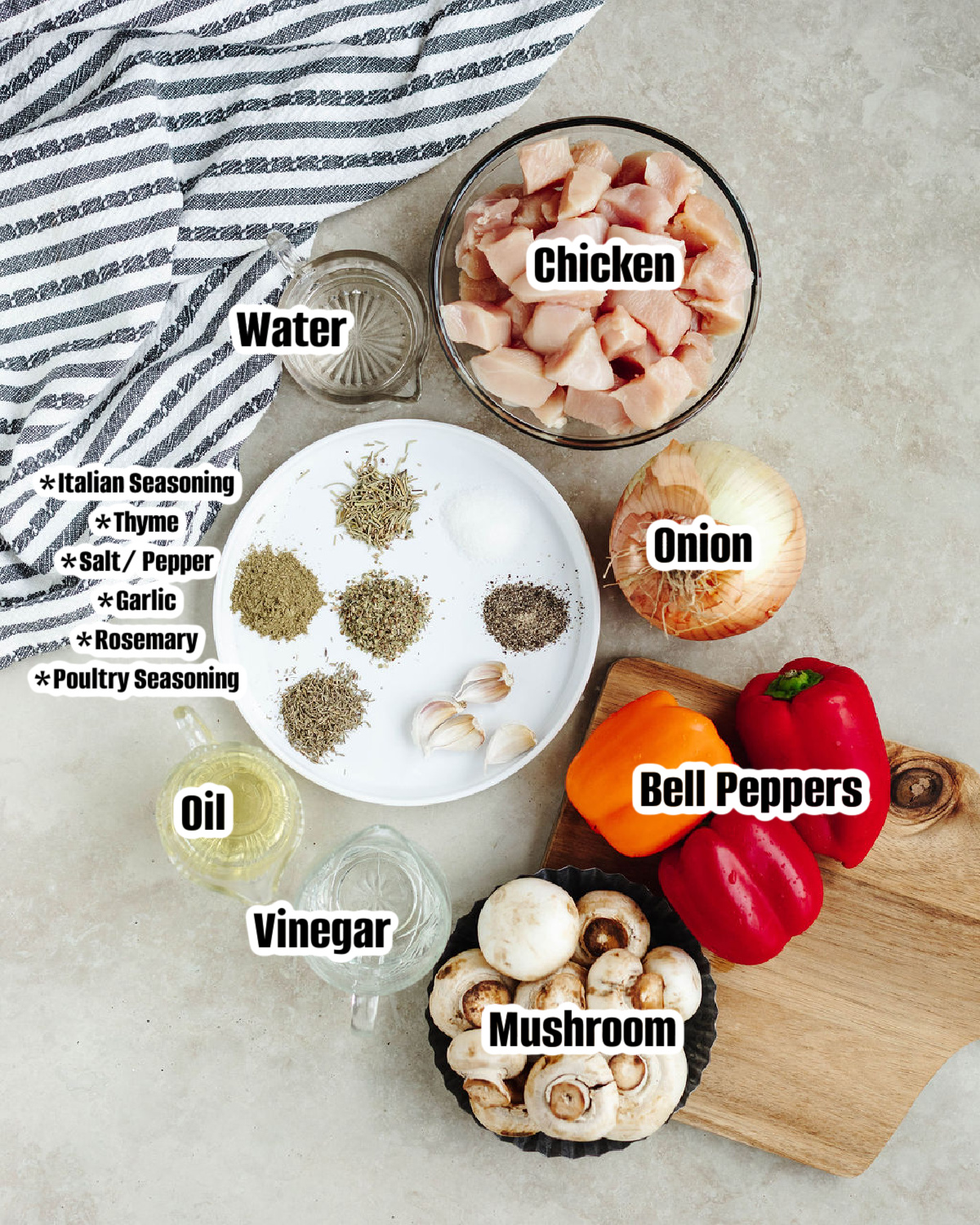 All the ingredients needed to make garlic herb chicken kabobs.