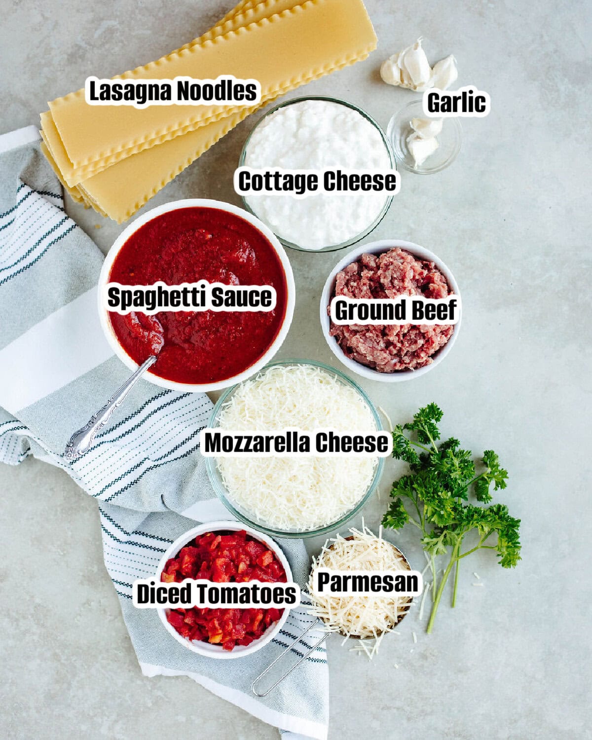 Ingredients for Grandma's lasagna recipe including lasagna noodles, ground beef, cottage cheese, mozzarella, Parmesan, spaghetti sauce, diced tomatoes, and garlic.