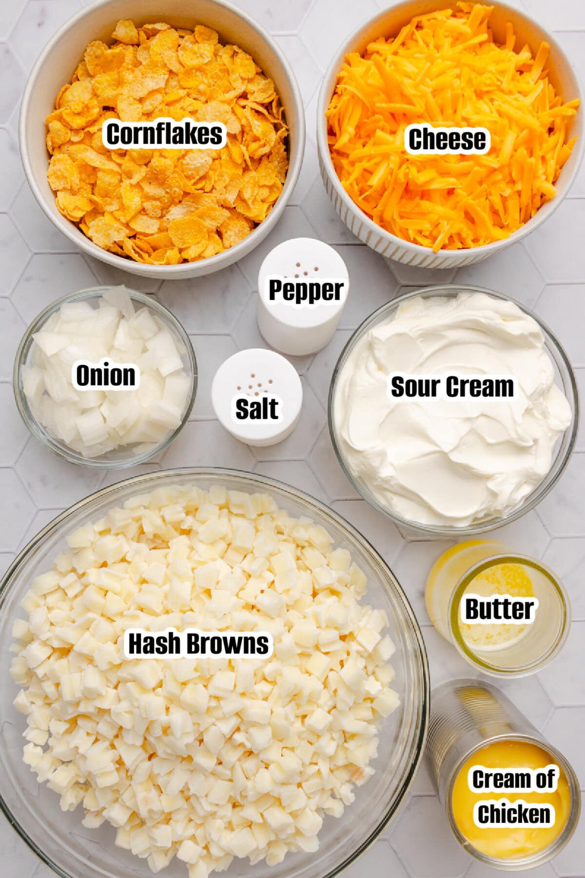 All the ingredients needed to make Hash Brown Potato Bake.