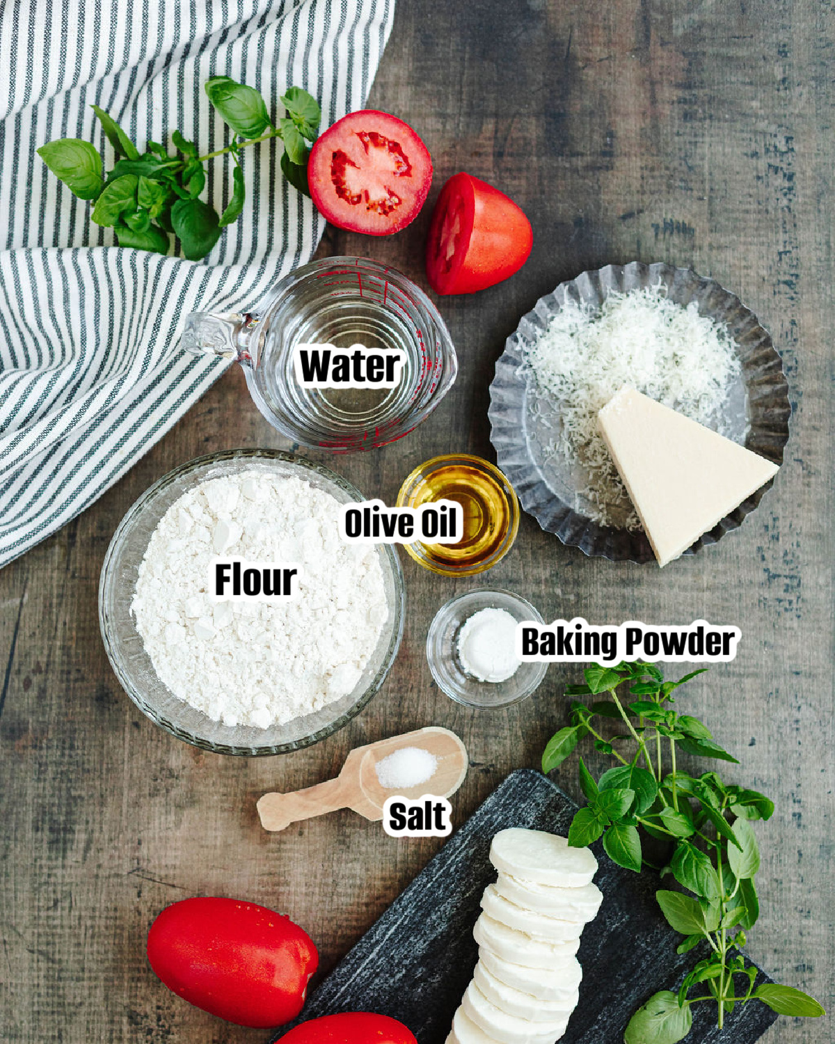 All the ingredients needed to make no yeast pizza dough from scratch.