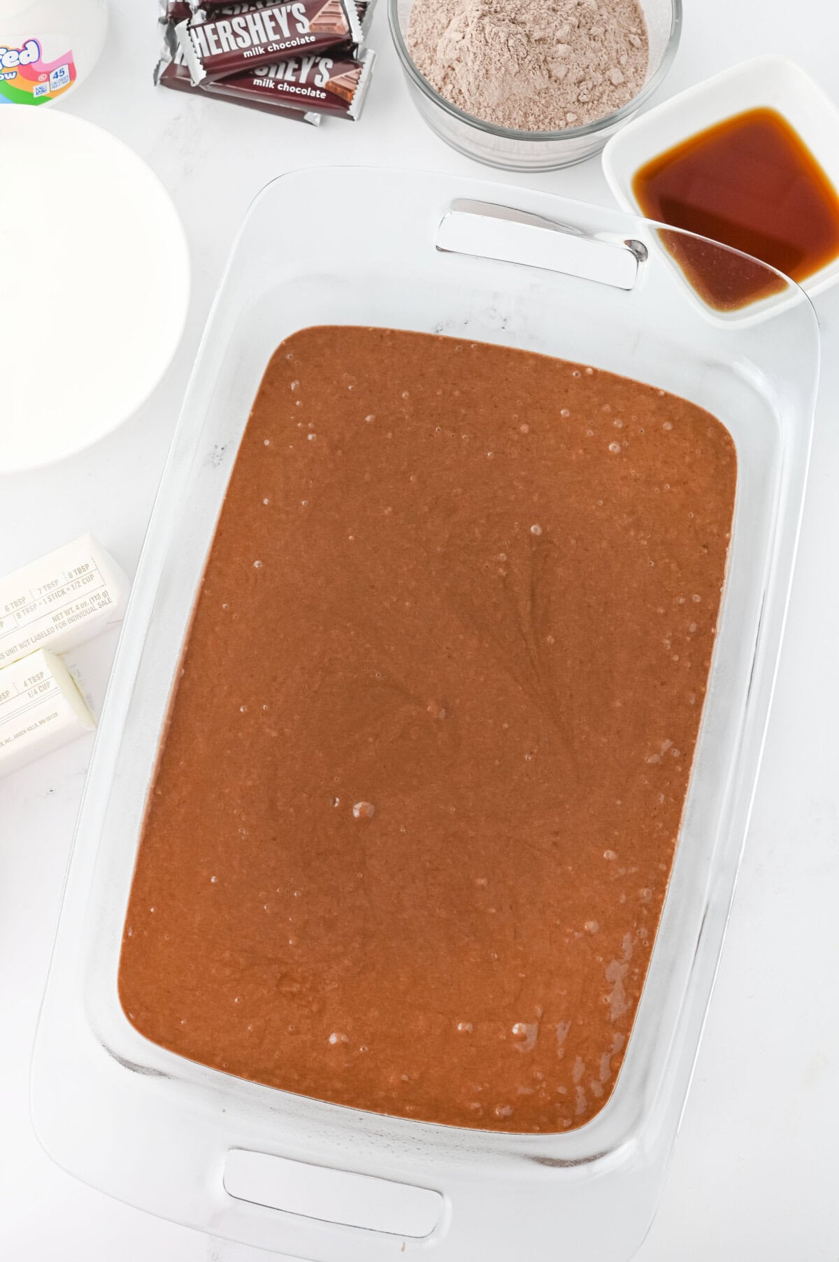 Chocolate cake batter spread into a prepared 9x13 baking pan.