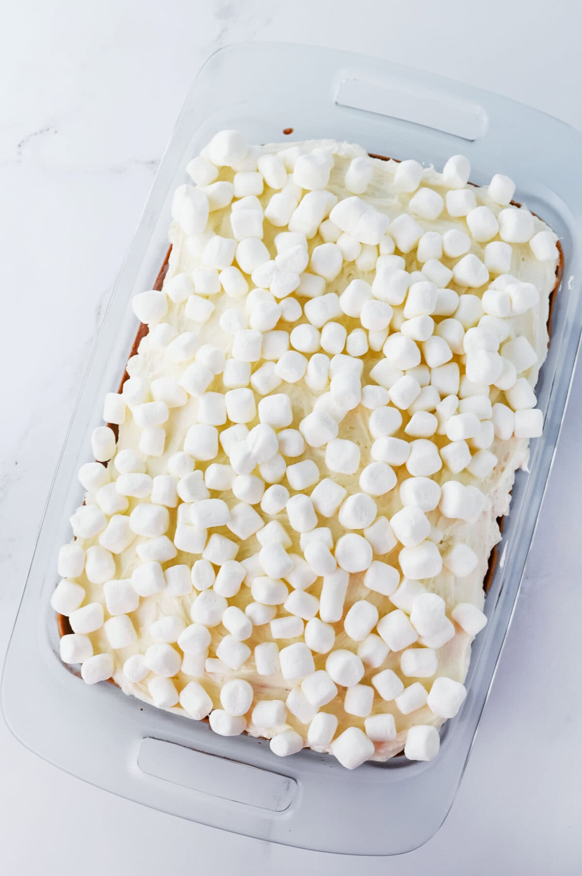 Mini marshmallows sprinkled on top of frosting on a cake.