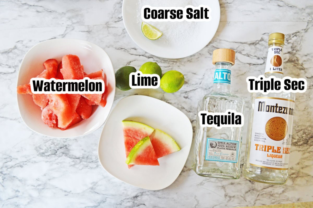 All the ingredients needed to make watermelon margaritas.