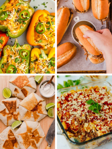Weekly dinner plan featuring sandwiches, stuffed peppers, taco favorites, and cheesy casseroles