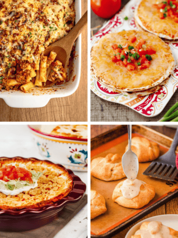 Weekly meal plan collage featuring baked ziti, taco pie, ham and cheese sliders, and taco bell Mexican pizza