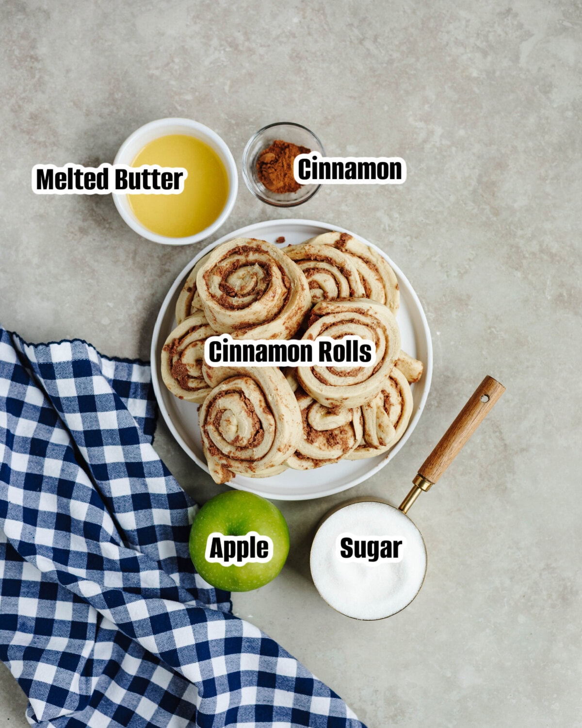 All the ingredients needed to make Apple Cinnamon Monkey Bread.