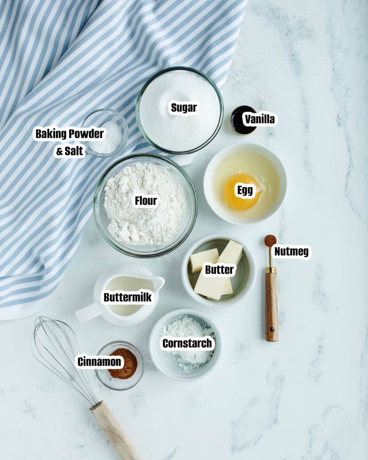 All the ingredients needed to make Baked Cinnamon Sugar Donuts.