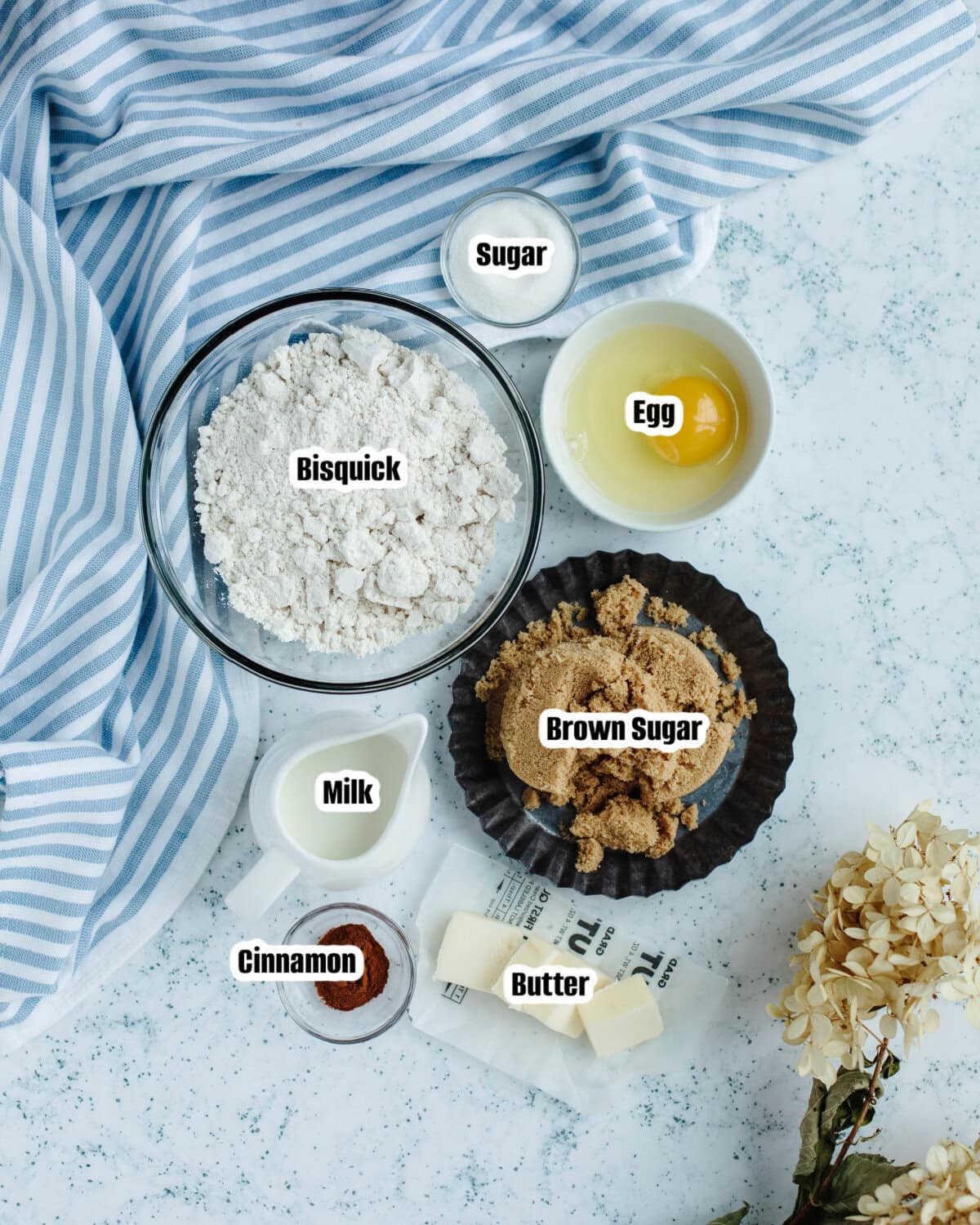 All the ingredients needed to make Bisquick Coffee Cake.
