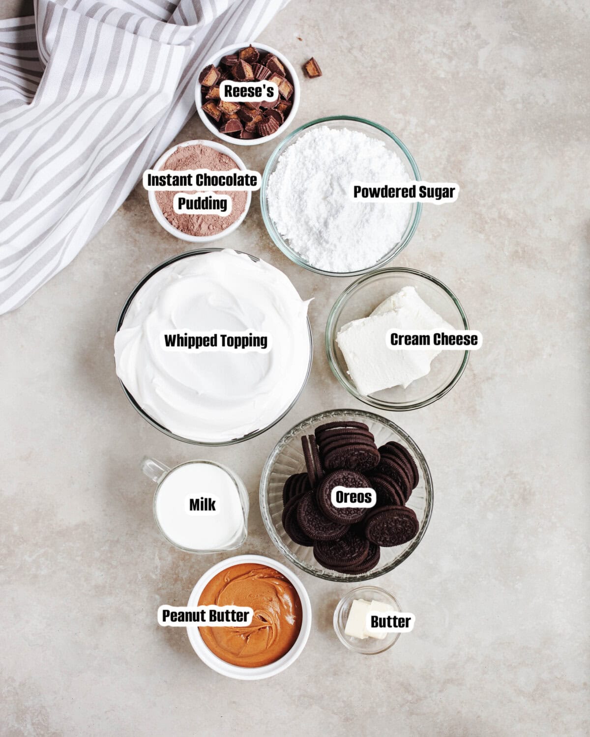 All the ingredients needed to make chocolate peanut butter dirt cake.