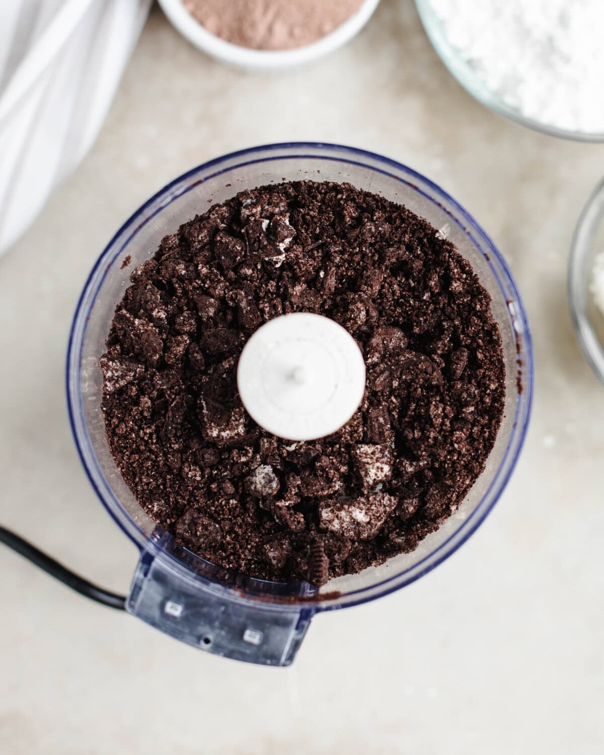 Oreos pulsed in a blender to create crumbs.