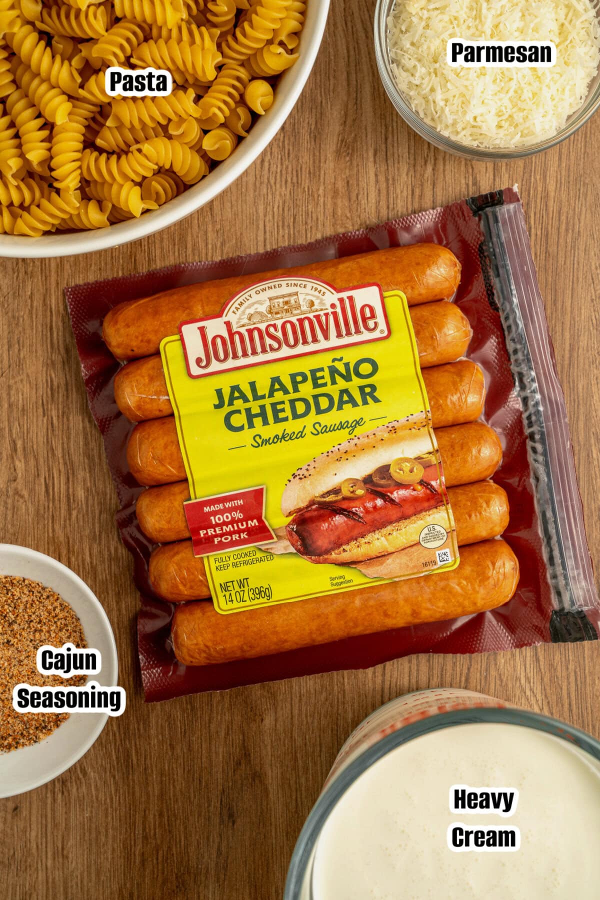 All the ingredients needed to make Creamy Cajun Sausage Pasta.
