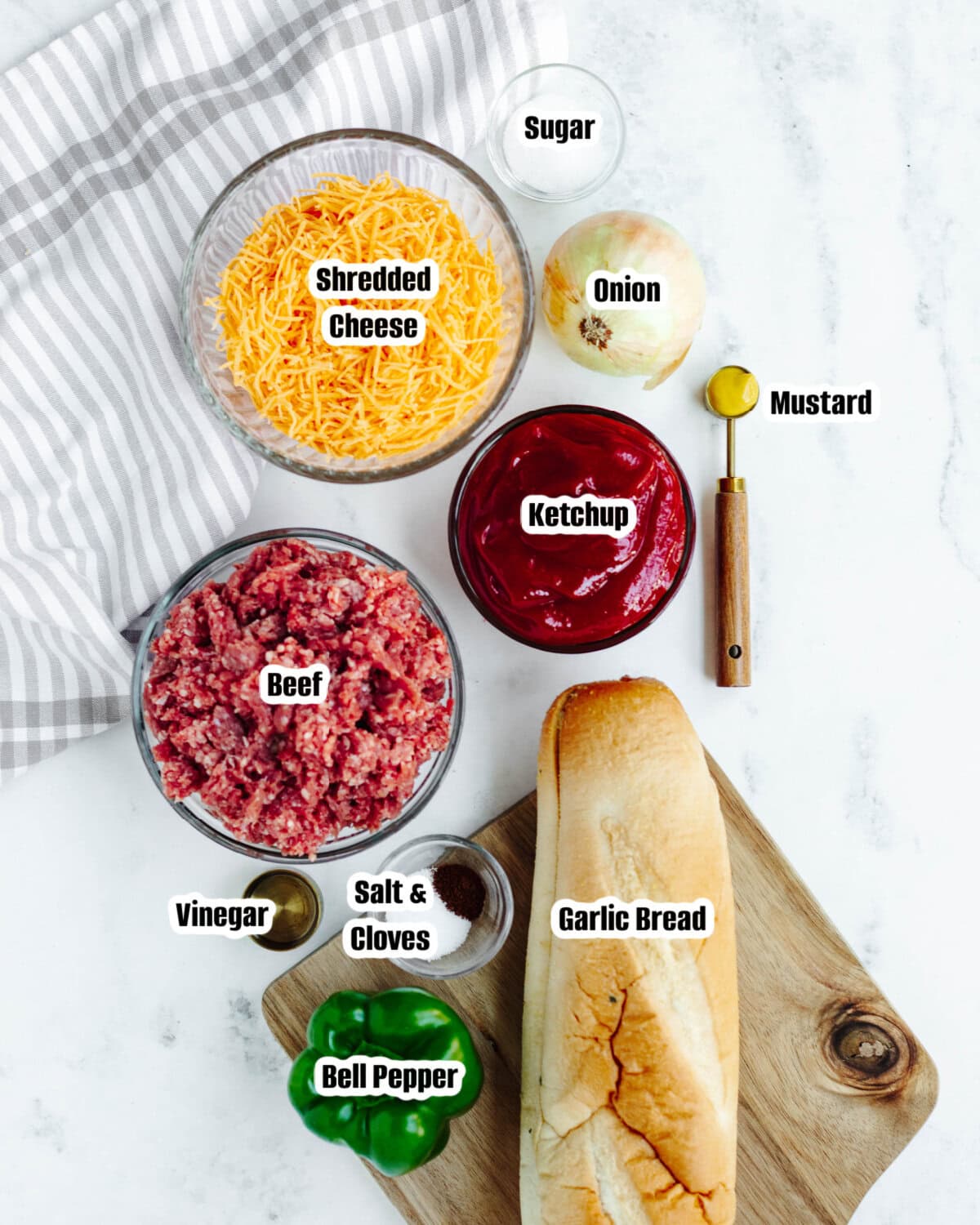 All the ingredients needed to make Garlic Bread Sloppy Joes.