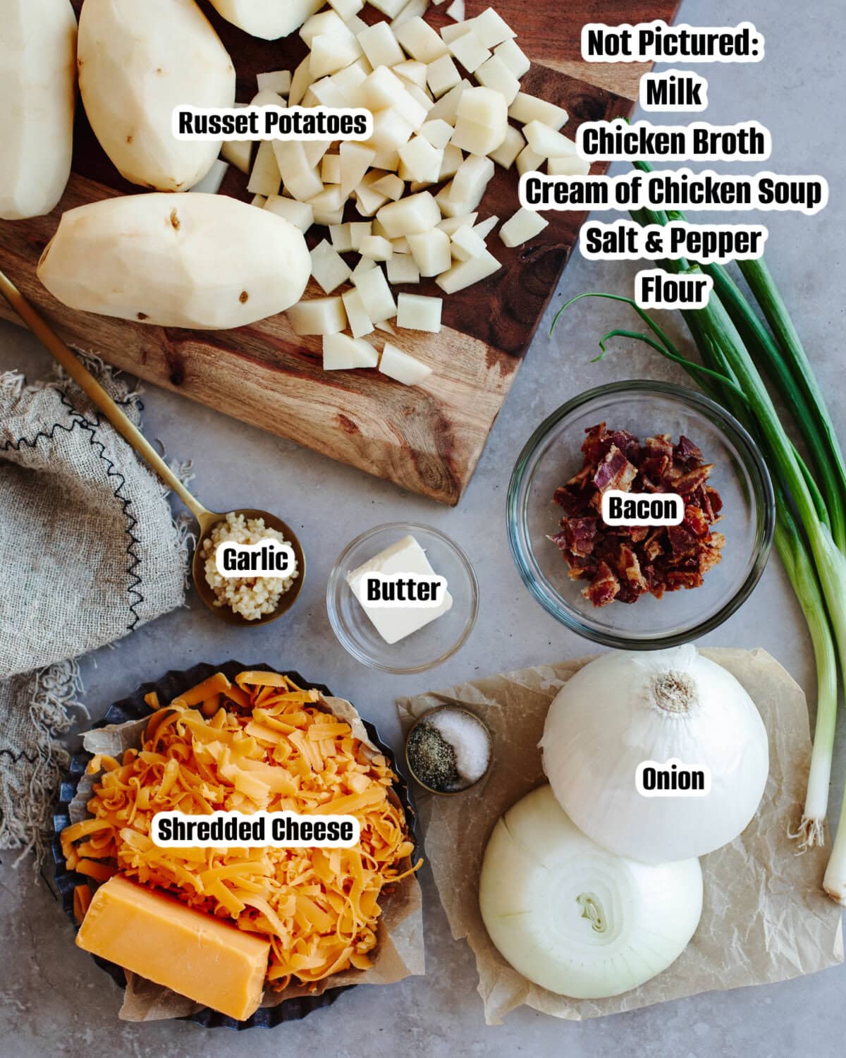All the ingredients needed to make Instant Pot Loaded Potato Soup recipe.