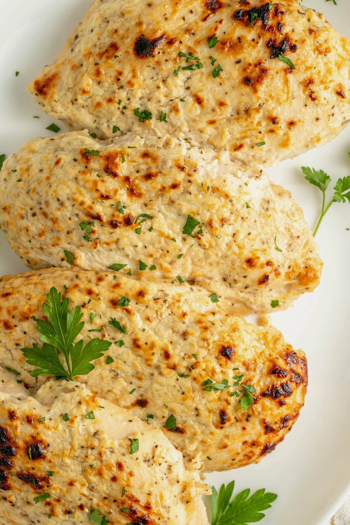 Tender chicken breasts baked in a white casserole dish.