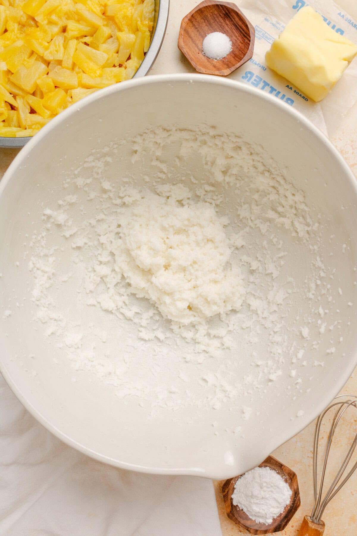 Creamed butter, shortening, and sugar mixed until light and fluffy.