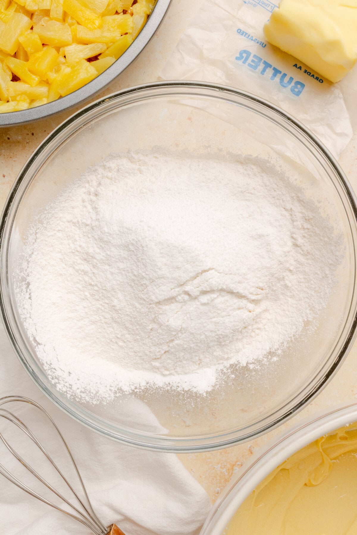 Cake flour, baking powder, and salt whisked together in a mixing bowl.