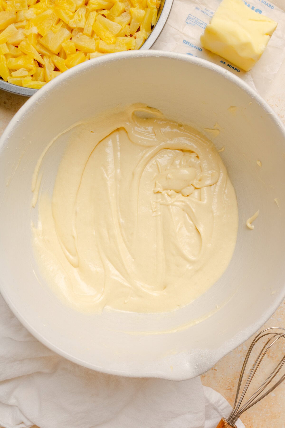 Cake batter prepared in a mixing bowl.
