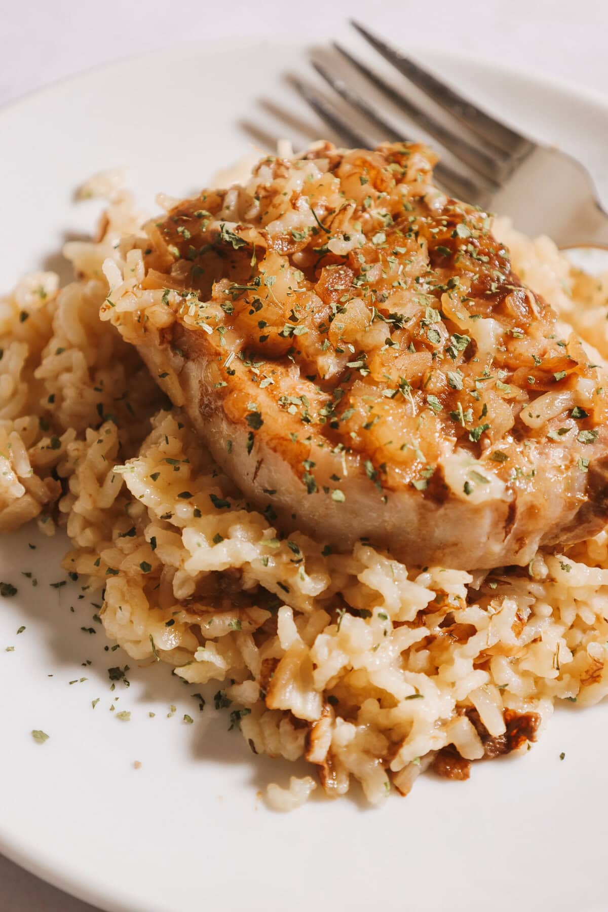 A cooked pork chop with rice on a white plate.