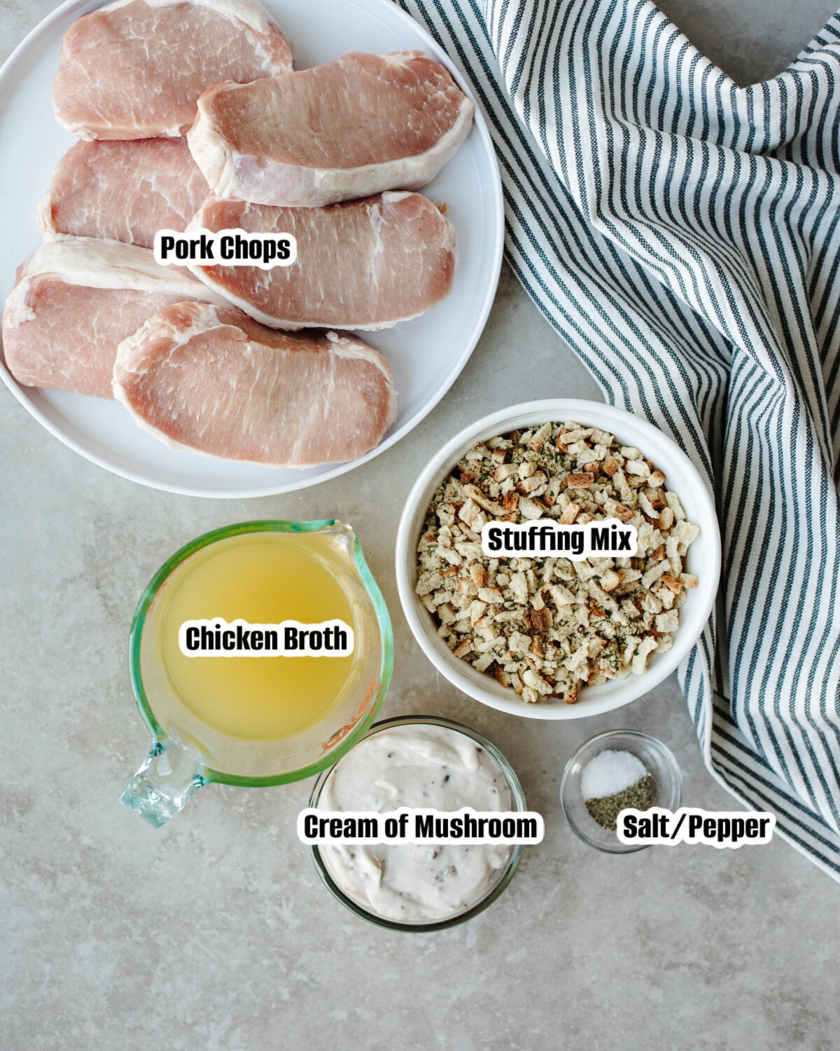 All the ingredients needed to make Pork Chops with Stuffing.